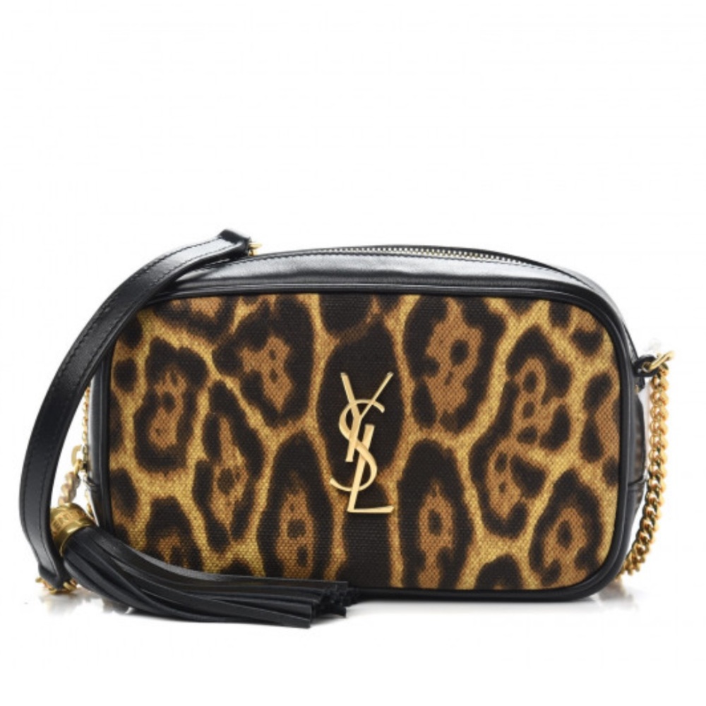 SAINT LAURENT
Canvas Calfskin Leopard Print
Monogram Mini Lou Camera Bag
Brown